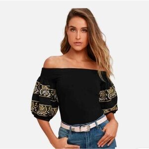 Free People Rock With It Black Embroidered Off the Shoulder Top
